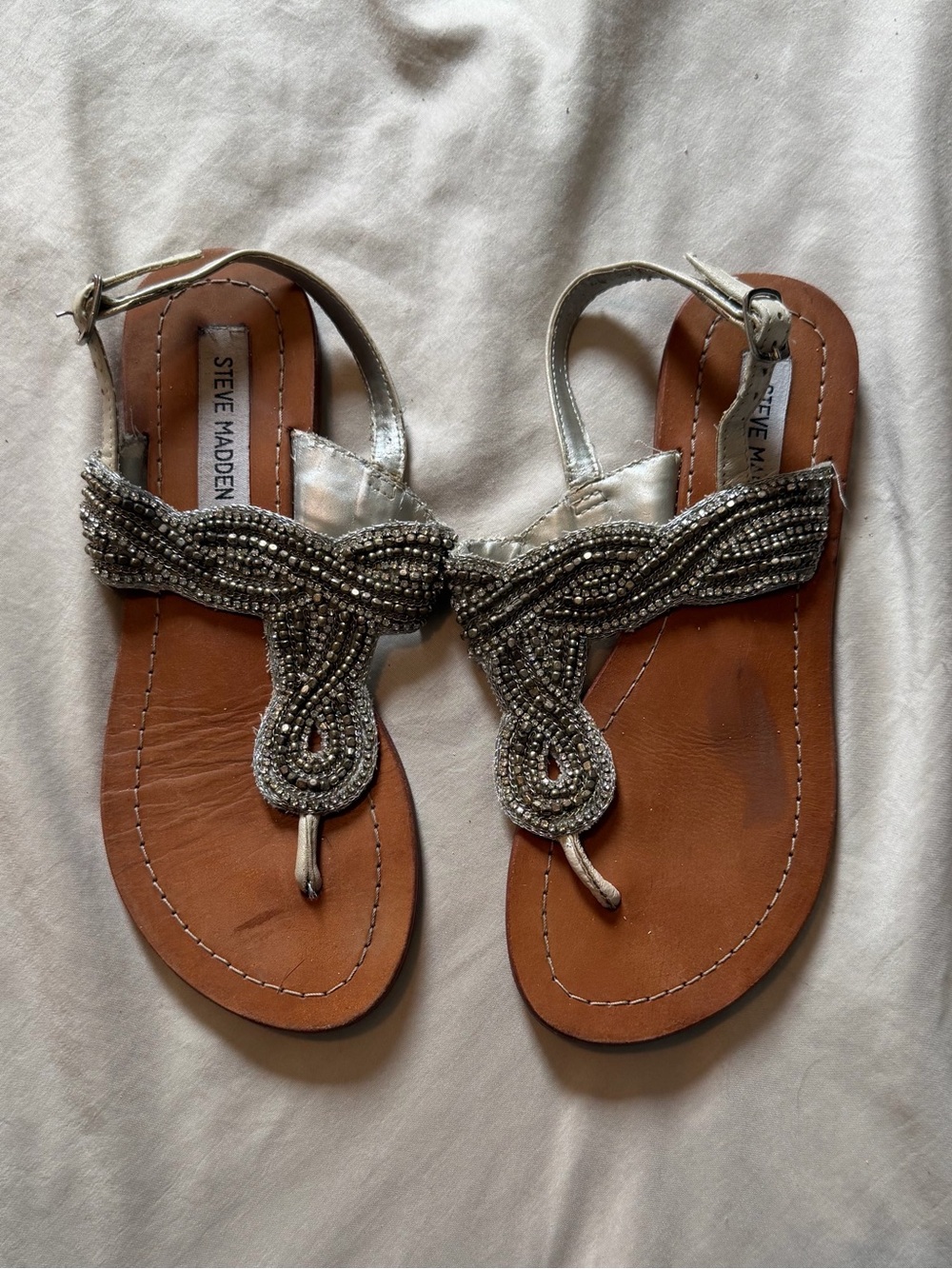 Steve Madden Silver Beaded T-Strap Sandals with Brown Footbed